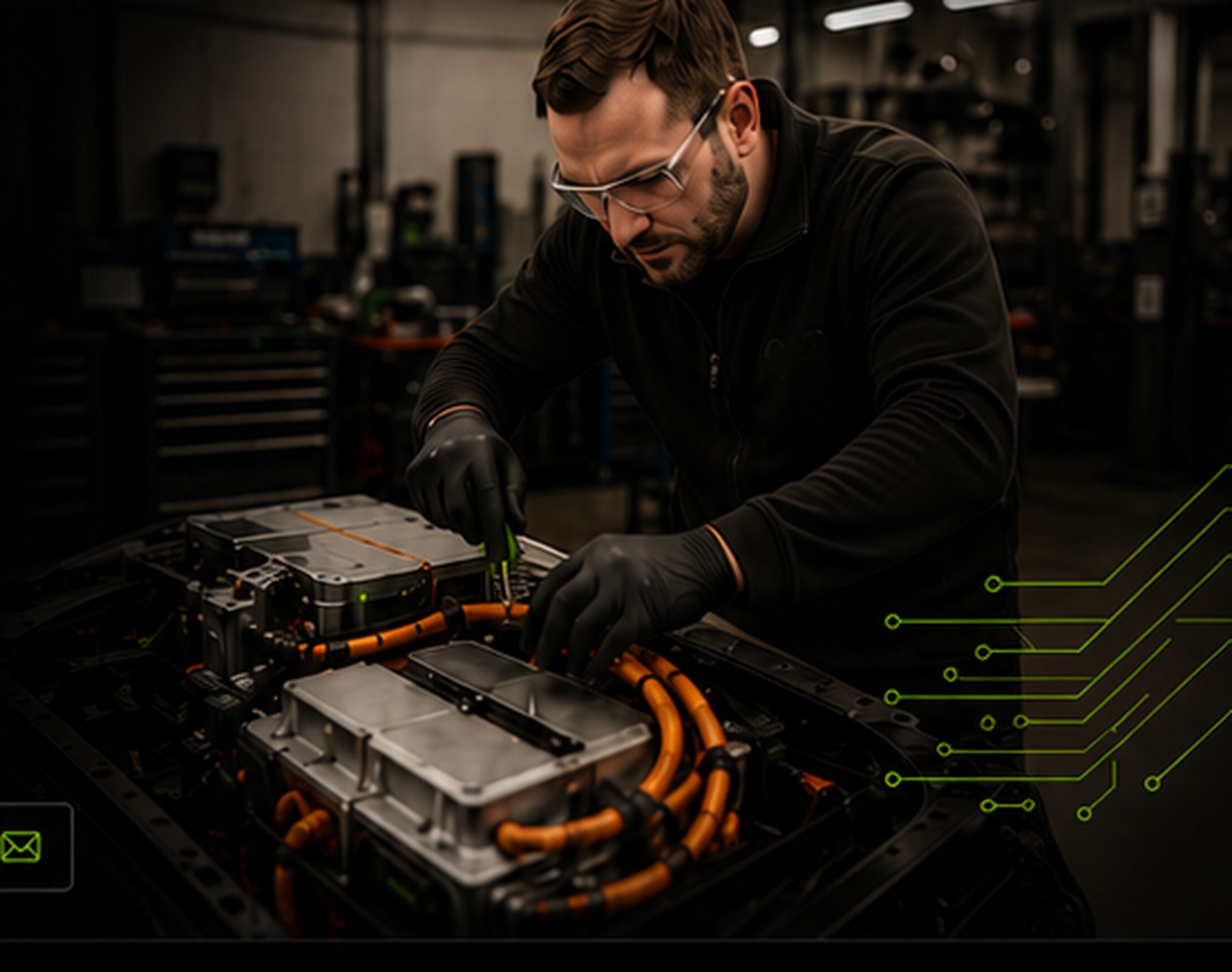 Techniker bei Arbeiten an einem elektrifizierten Fahrzeug